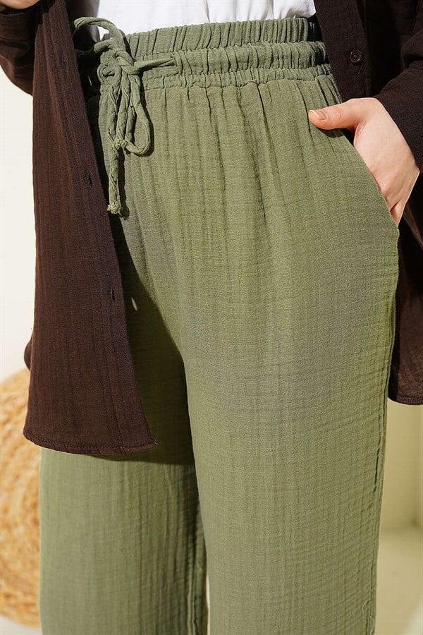 Wide Leg Muslin Trousers with Elastic Waistband, Khaki
