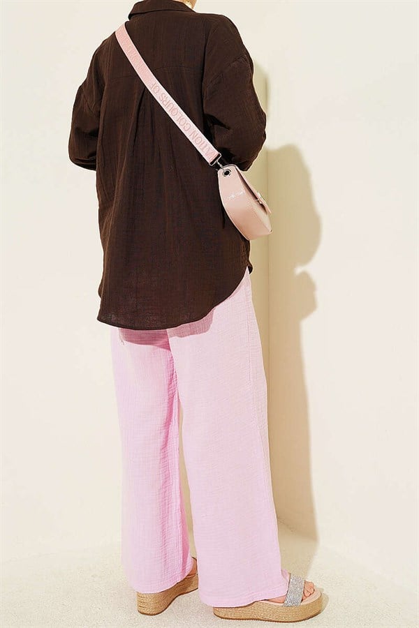 Pink Wide Leg Muslin Pants with Elastic Waistband