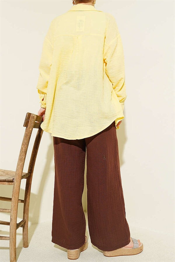 Wide-Leg Muslin Trousers with Elastic Waistband, Brown