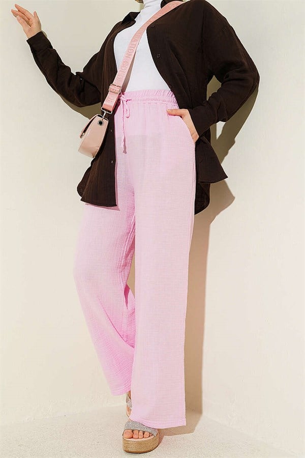 Pink Wide Leg Muslin Pants with Elastic Waistband