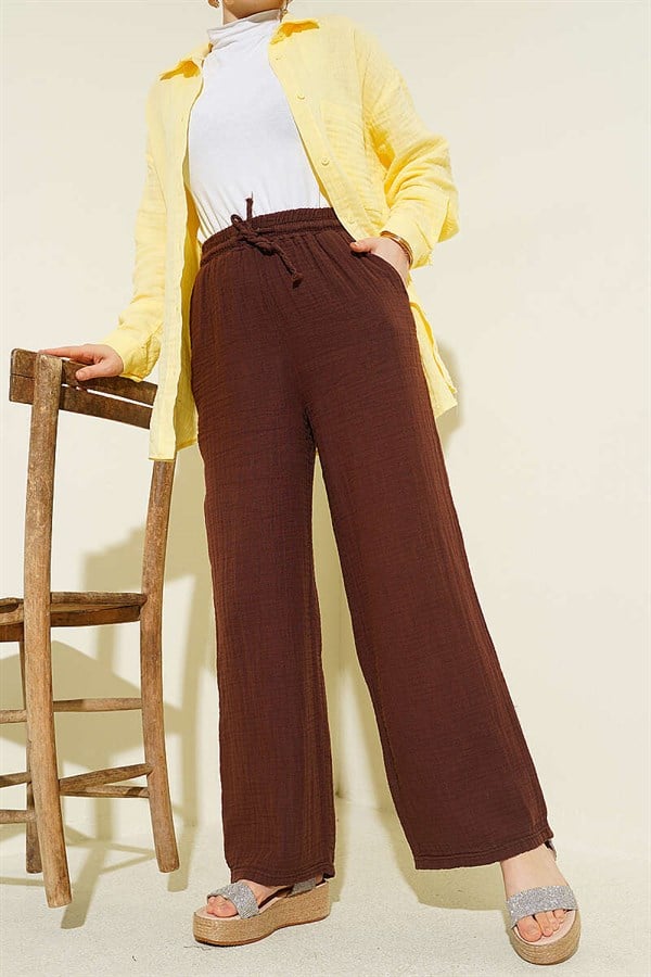 Wide-Leg Muslin Trousers with Elastic Waistband, Brown