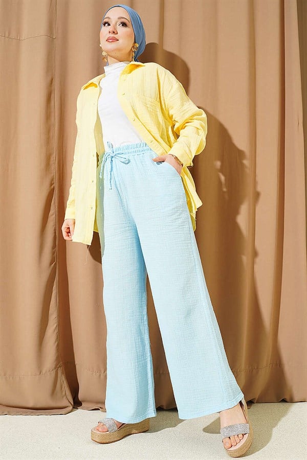 Wide Leg Muslin Trousers with Elastic Waistband, Blue