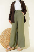 Wide Leg Muslin Trousers with Elastic Waistband, Khaki