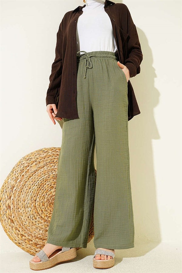 Wide Leg Muslin Trousers with Elastic Waistband, Khaki