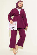 2 Piece Set with elasticated waist and gold buttons, in plum color.