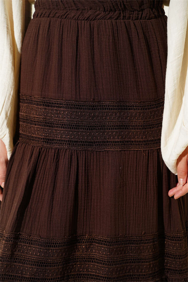 Muslin Skirt with Elastic Waist and Lace Trim, Brown