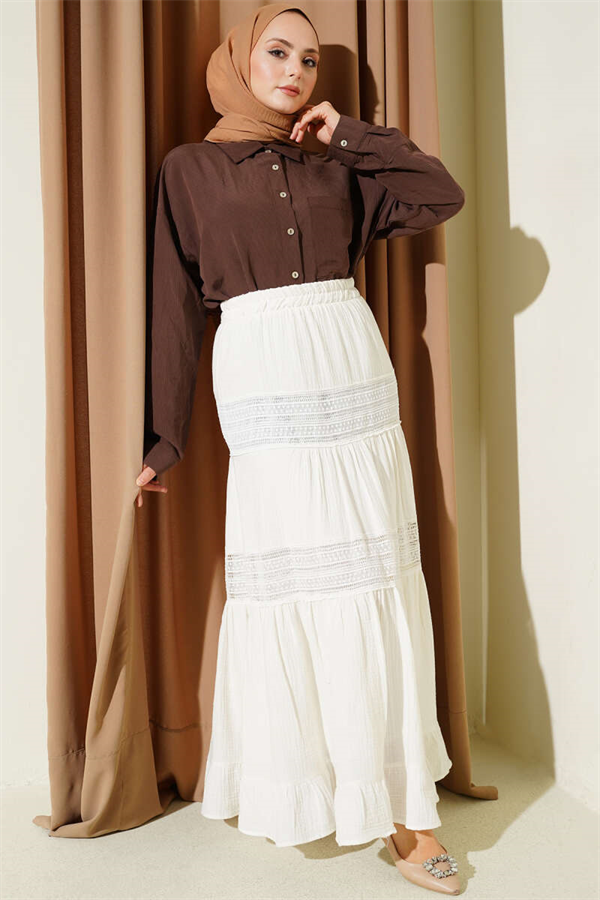 Muslin Skirt with Elastic Waist and Lace Trim, Ecru