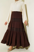Muslin Skirt with Elastic Waist and Lace Trim, Brown