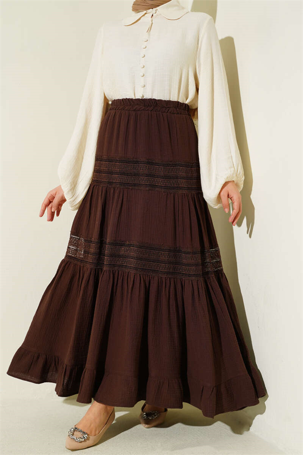 Muslin Skirt with Elastic Waist and Lace Trim, Brown