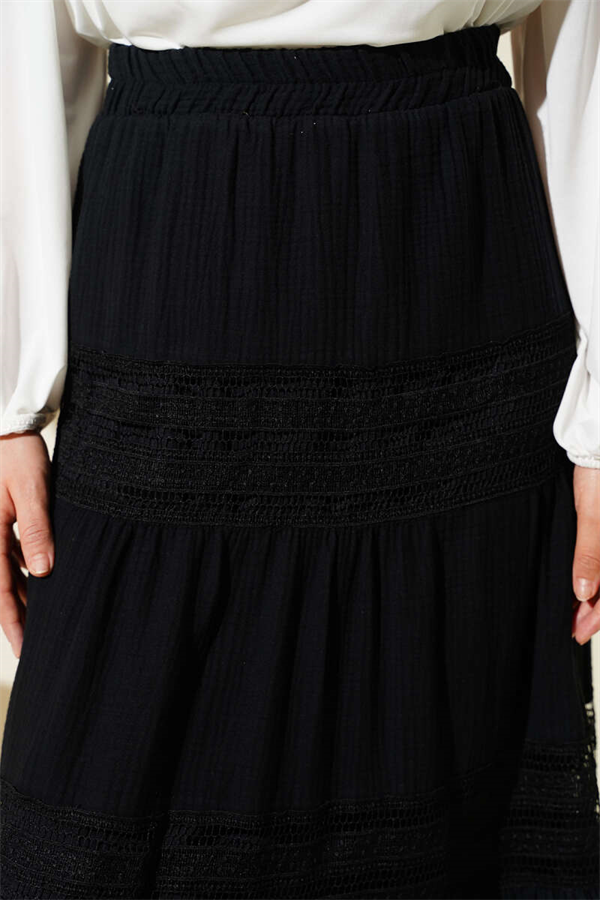 Black Muslin Skirt with Elastic Waist and Lace Trim