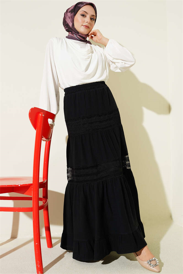 Black Muslin Skirt with Elastic Waist and Lace Trim
