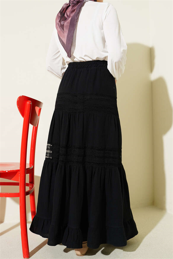 Black Muslin Skirt with Elastic Waist and Lace Trim