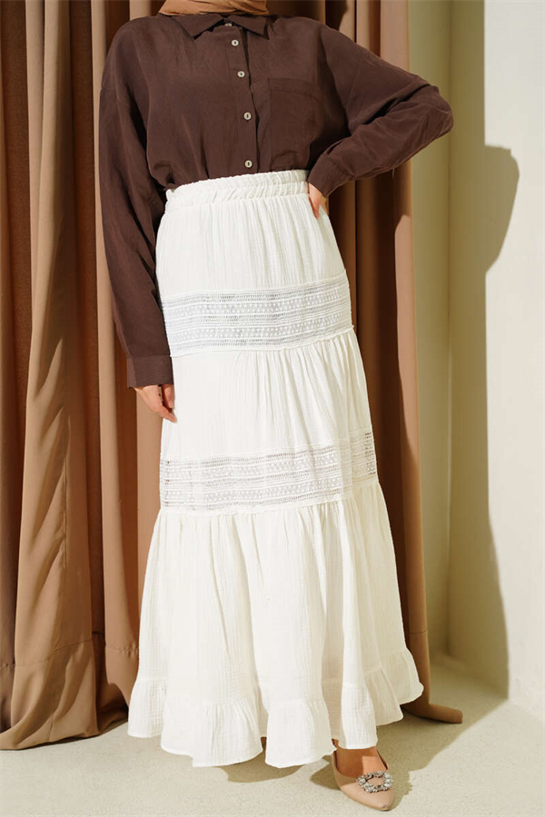 Muslin Skirt with Elastic Waist and Lace Trim, Ecru