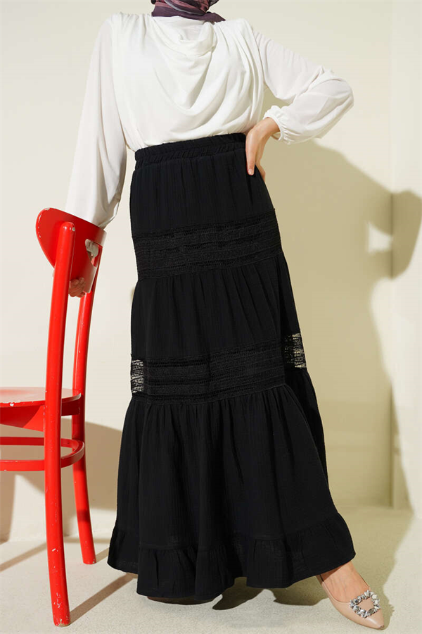Black Muslin Skirt with Elastic Waist and Lace Trim