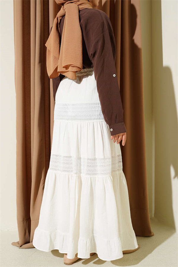 Muslin Skirt with Elastic Waist and Lace Trim, Ecru