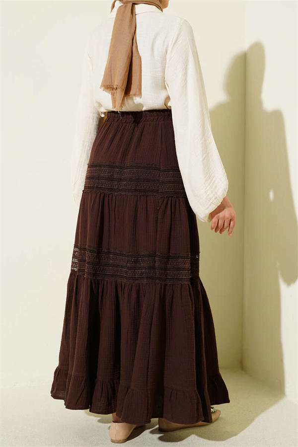 Muslin Skirt with Elastic Waist and Lace Trim, Brown