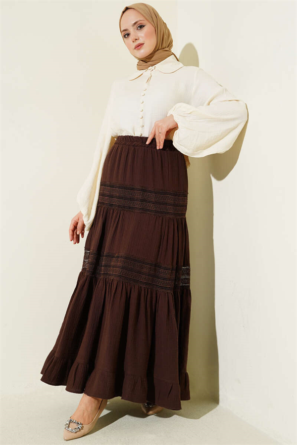 Muslin Skirt with Elastic Waist and Lace Trim, Brown