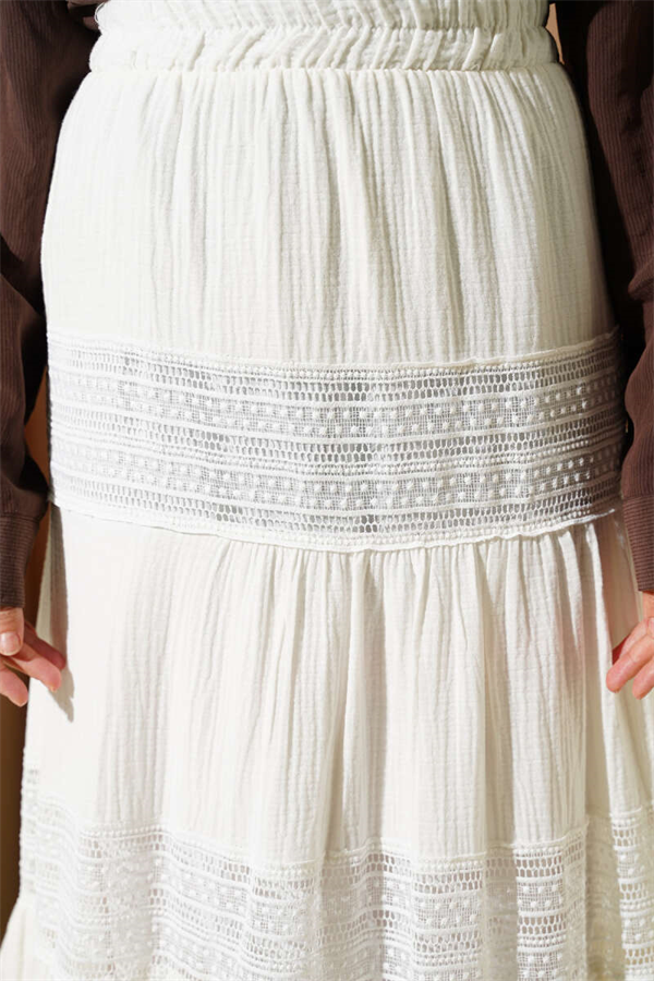Muslin Skirt with Elastic Waist and Lace Trim, Ecru