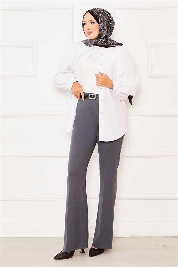 Elastic Waist Bell-bottomed Trousers in Smoke Color