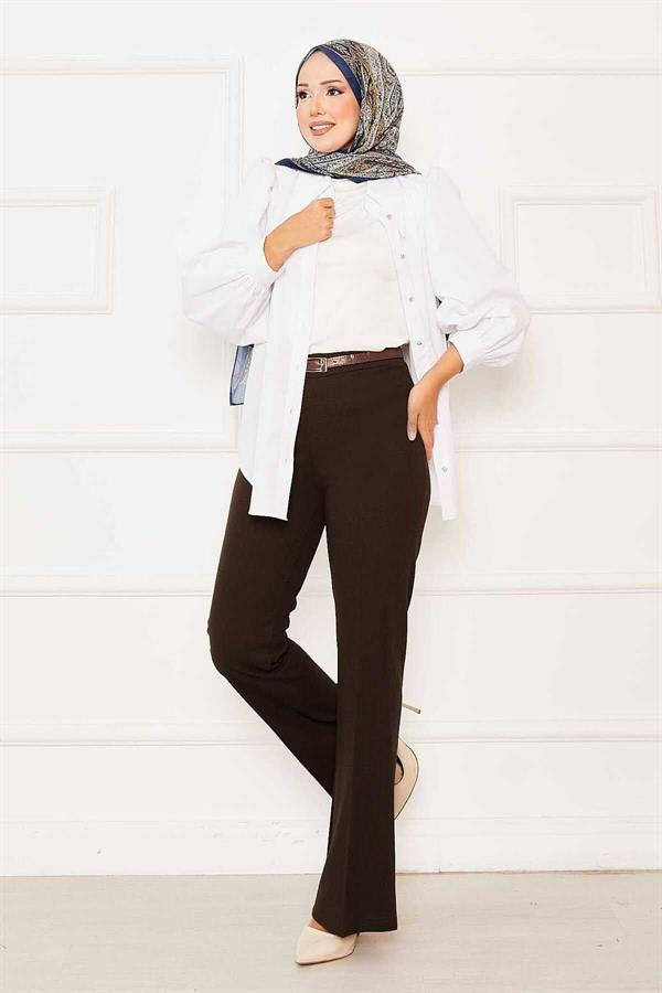 Elastic Waist Bell-bottomed Trousers Brown