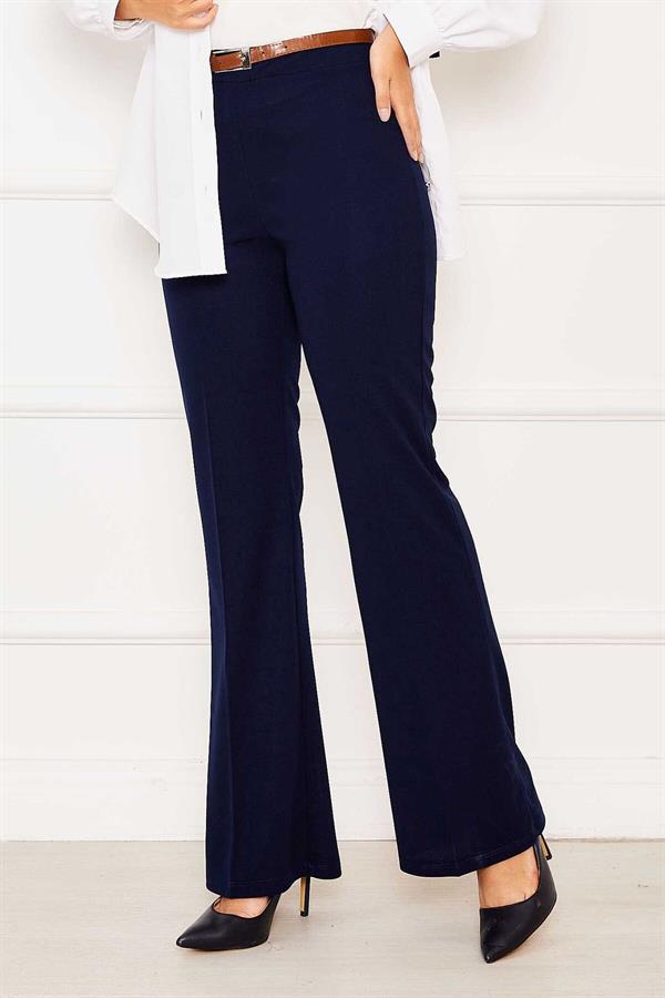 Elastic Waist Bell-bottomed Trousers Navy Blue