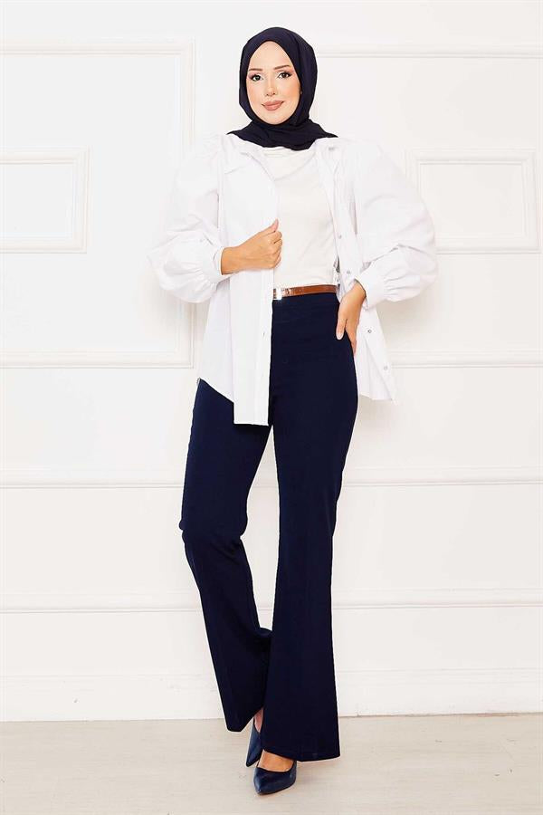 Elastic Waist Bell-bottomed Trousers Navy Blue