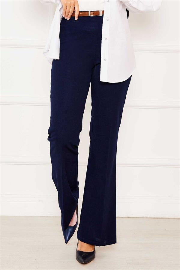 Elastic Waist Bell-bottomed Trousers Navy Blue