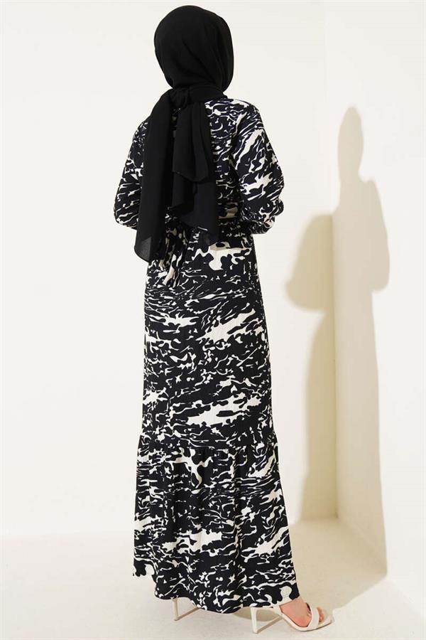 Elastic Waist Mixed Pattern Crepe Dress Black