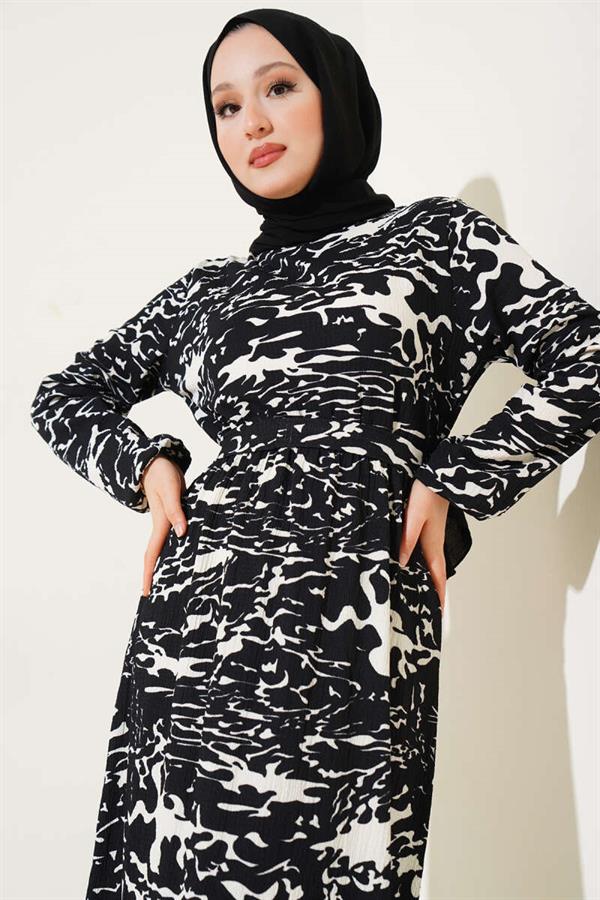 Elastic Waist Mixed Pattern Crepe Dress Black