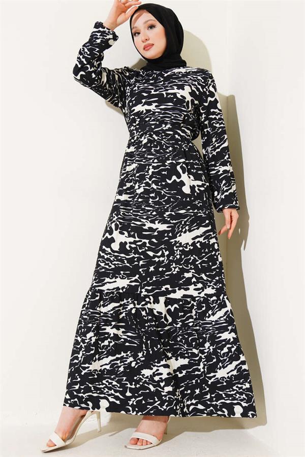Elastic Waist Mixed Pattern Crepe Dress Black