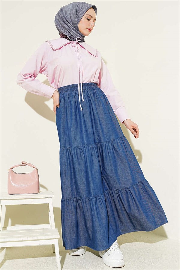 Navy Layered Denim Skirt with Elastic Waistband
