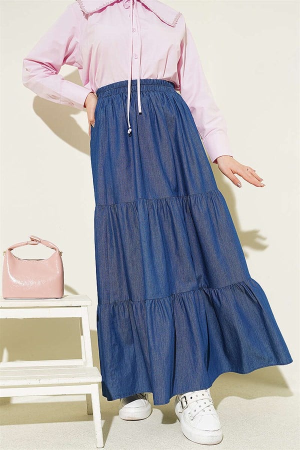 Navy Layered Denim Skirt with Elastic Waistband