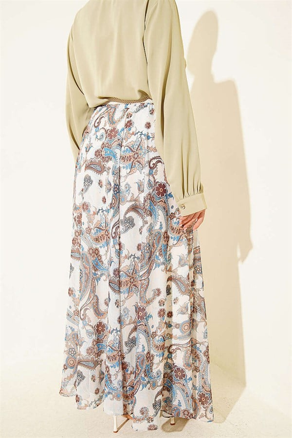 Patterned Chiffon Skirt with Elastic Waistband and Belt, Ecru