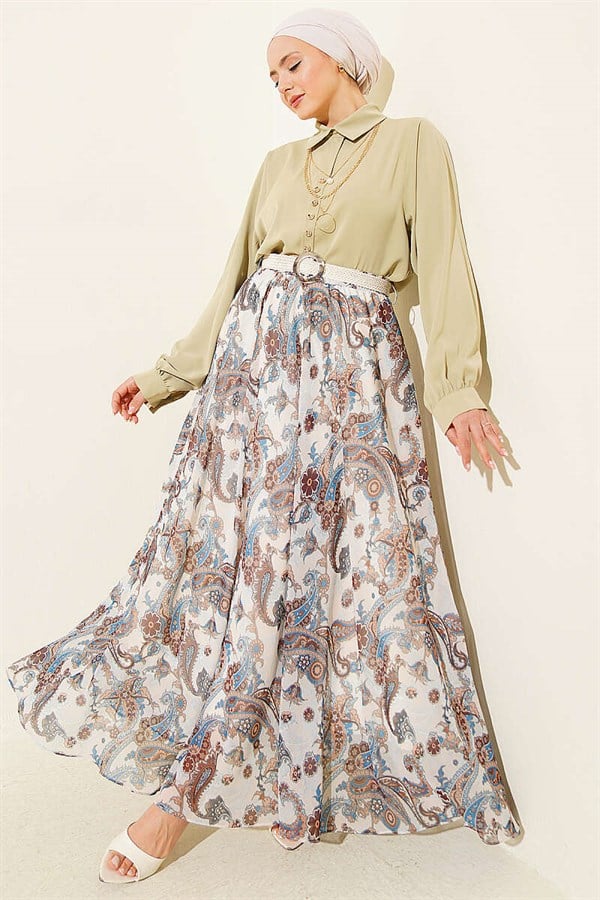Patterned Chiffon Skirt with Elastic Waistband and Belt, Ecru