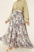 Patterned Chiffon Skirt with Elastic Waistband and Belt, Ecru