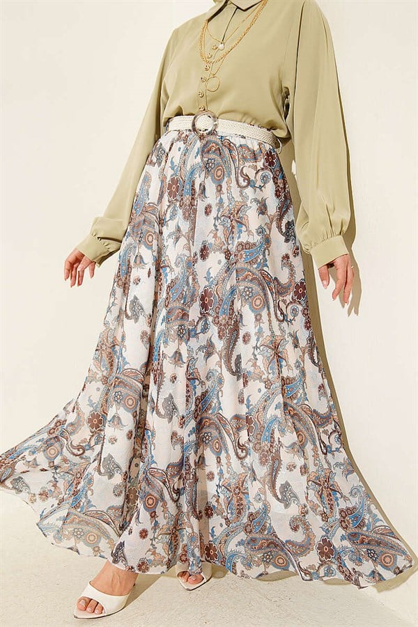 Patterned Chiffon Skirt with Elastic Waistband and Belt, Ecru