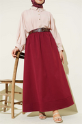 Burgundy Flared Skirt with Elastic Waistband and Belt