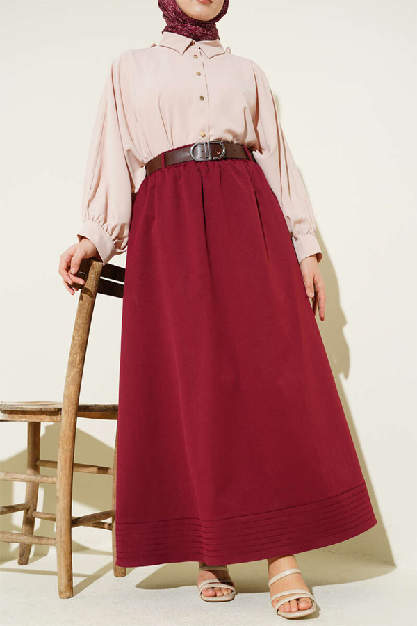 Burgundy Flared Skirt with Elastic Waistband and Belt