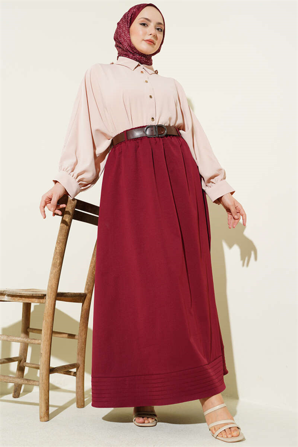 Burgundy Flared Skirt with Elastic Waistband and Belt
