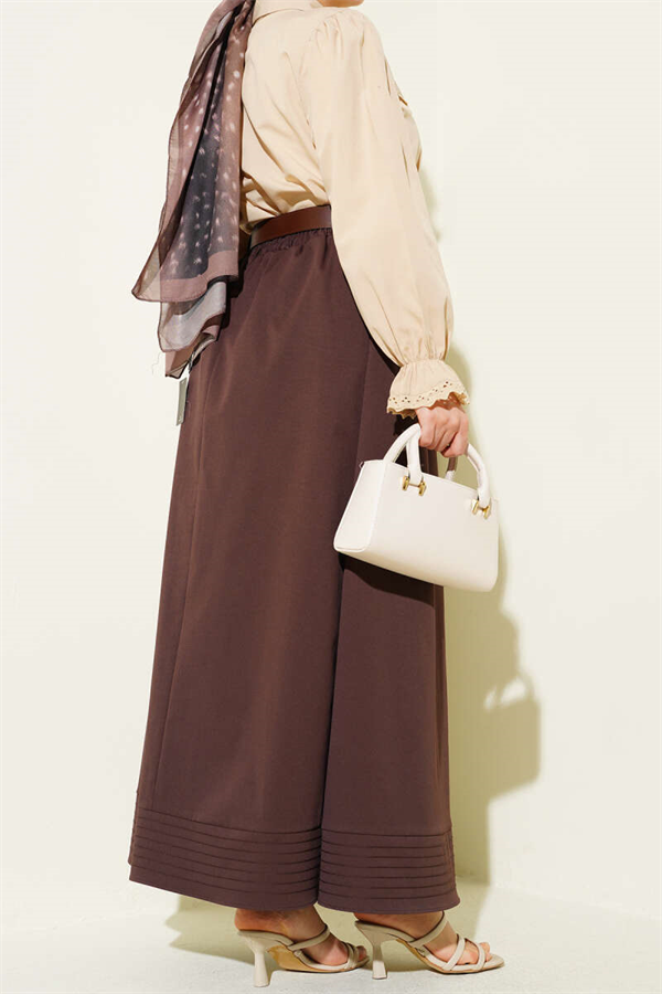 Elastic Waist Belted Flared Skirt, Brown