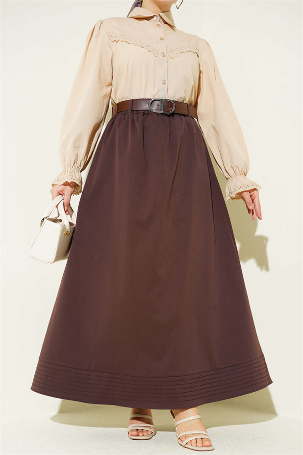 Elastic Waist Belted Flared Skirt, Brown
