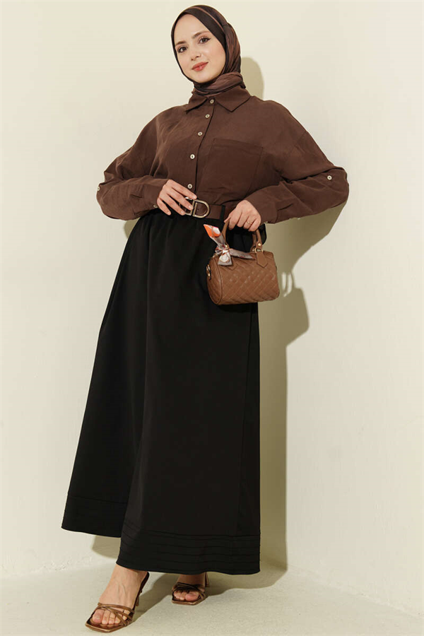Black Flared Skirt with Elastic Waistband and Belt