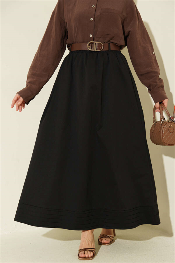 Black Flared Skirt with Elastic Waistband and Belt