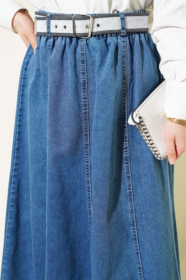 Elasticated Waist Belted Flared Denim Skirt