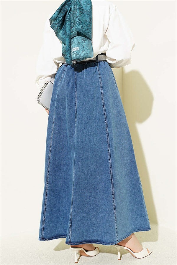 Elasticated Waist Belted Flared Denim Skirt