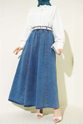 Elasticated Waist Belted Flared Denim Skirt