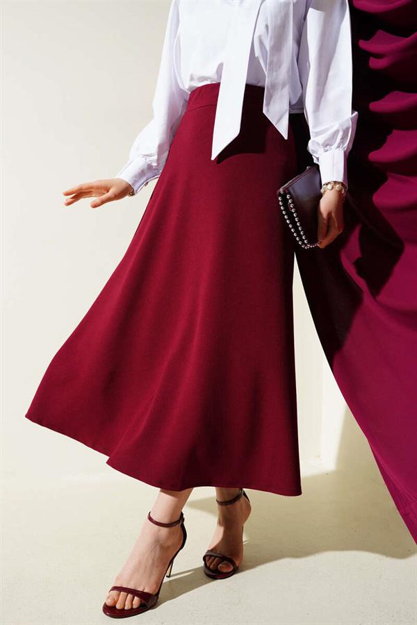 Elastic Waist Flared Basic Skirt Claret Red