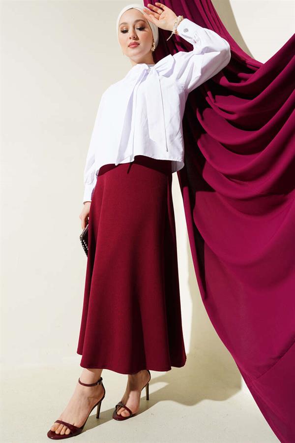 Elastic Waist Flared Basic Skirt Claret Red