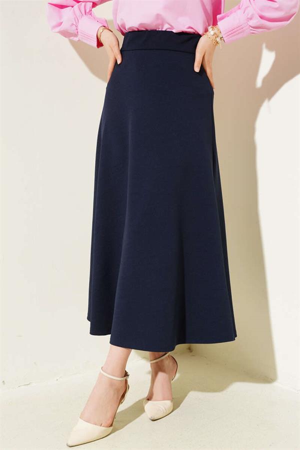 Elastic Waist Flared Basic Skirt Navy Blue