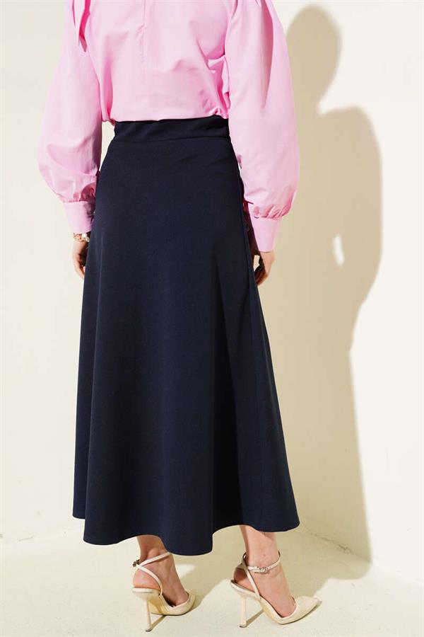 Elastic Waist Flared Basic Skirt Navy Blue